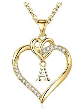 14k Gold Plated Heart Initial Necklace with Cubic Zirconia Pendant
